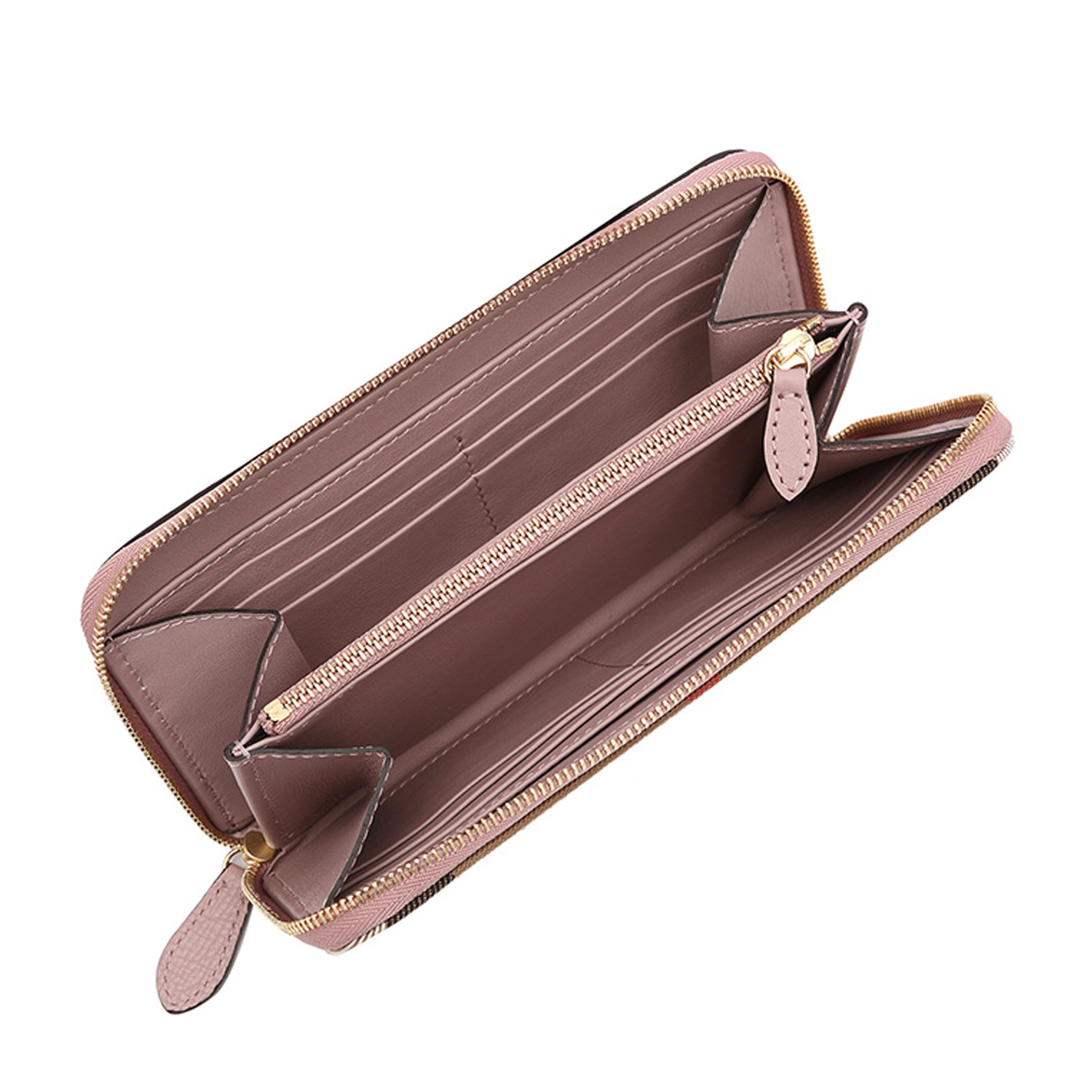 burberry博柏利 女士帆布配皮格纹长款拉链钱包粉色 3996878